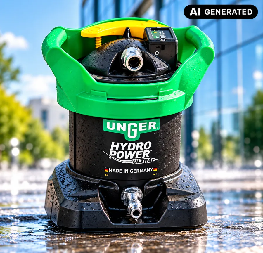 UNGER HydroPower Ultra Reinwassersystem mit grünem Griff und TDS-Anzeige, nass im Außenbereich